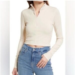 Good American Zip Mock Neck Cropped Long Sleeve Top in Bone Womens Size: 2